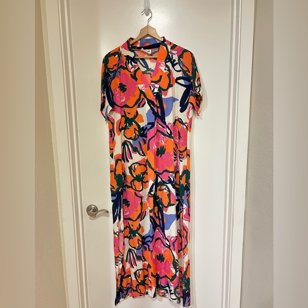 Anthropology Bel Kazan Poppy Short Sleeve VNeck Side Slit Maxi Kaftan Dress XS/S - Picture 4 of 10